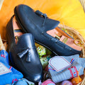 Classic style navy blue men's formal loafers with fringed leather shoes