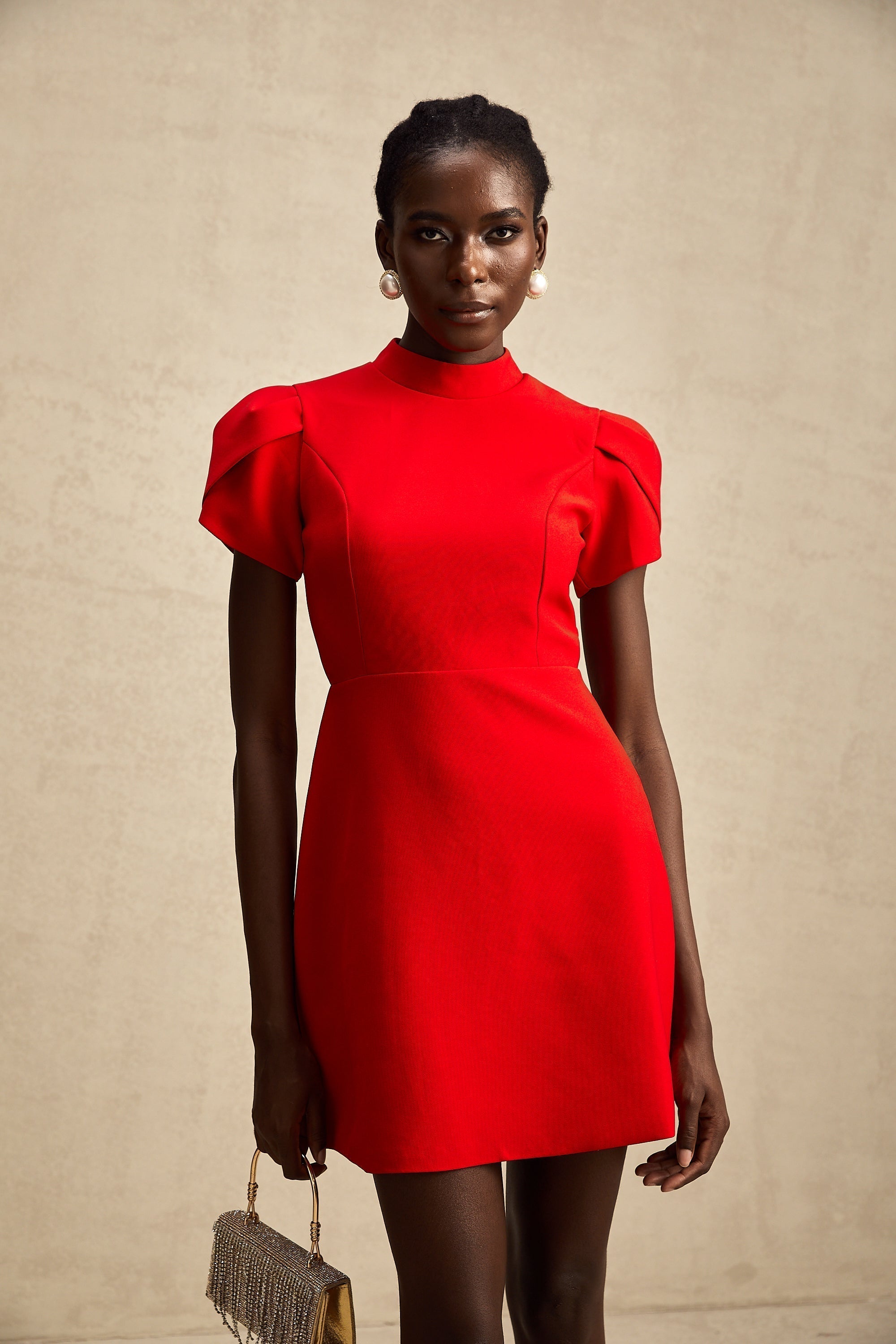 Anna red petal-sleeve cut-out bow mini dress