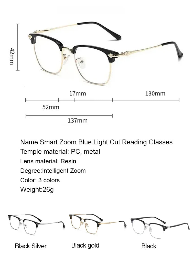 🔥【100-700° Intelligent Focusing】Auto-focus blue light blocking reading glasses.
