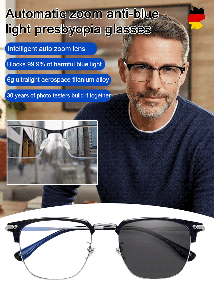 🔥【100-700° Intelligent Focusing】Auto-focus blue light blocking reading glasses.