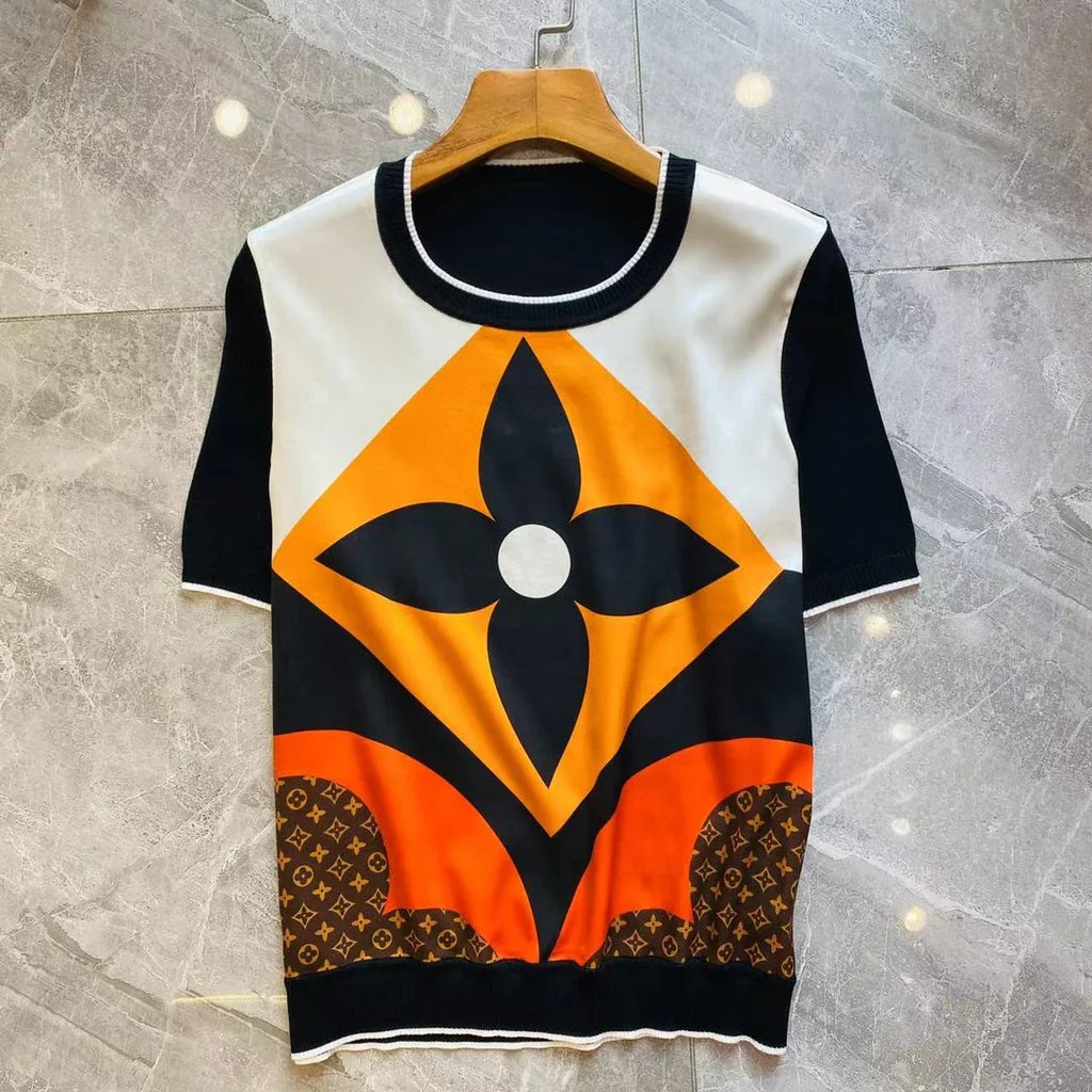 New Satin Fashion Printed T-shirt Short Sleeve 1024052116