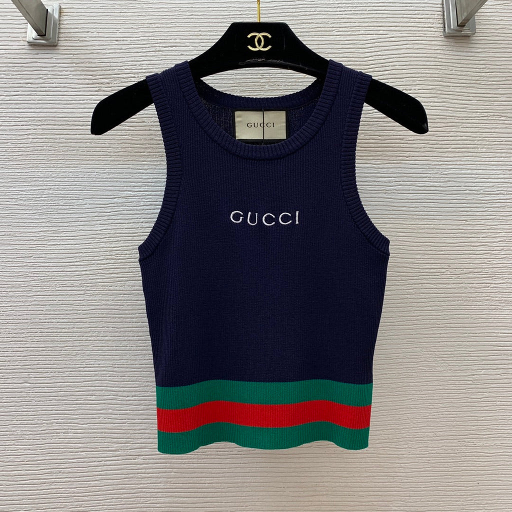 Slim-fit stretch-knit vest top with embroidered logo and contrast stripes 0724100901