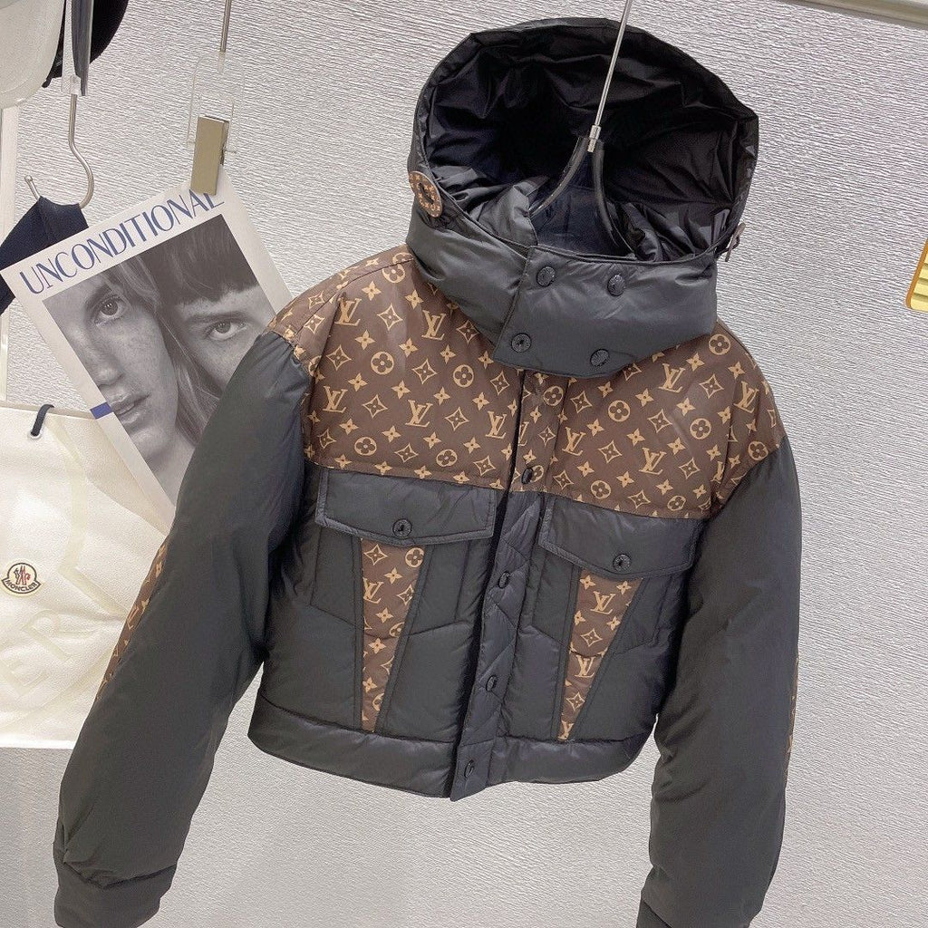 Hooded Stitching Presbyopia Short Down Jacket Casual Warm Plus Velvet Versatile Down Jacket Female Autumn and Winter New