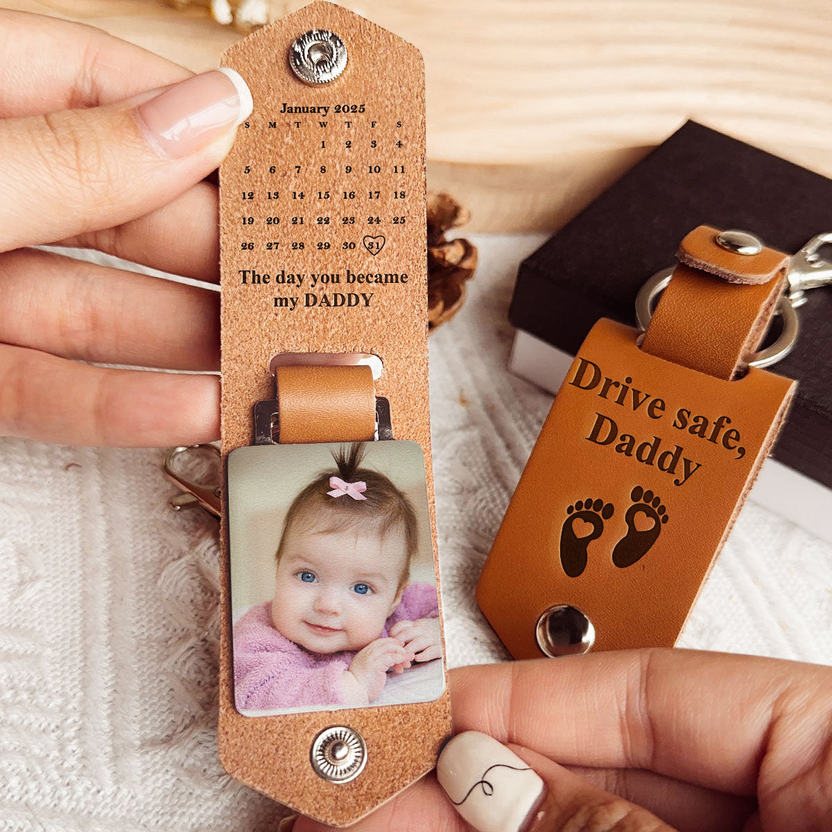 Father's Day Gifts, The Day You Became My Daddy Custom Calendar - Personalized Leather Photo Keychain