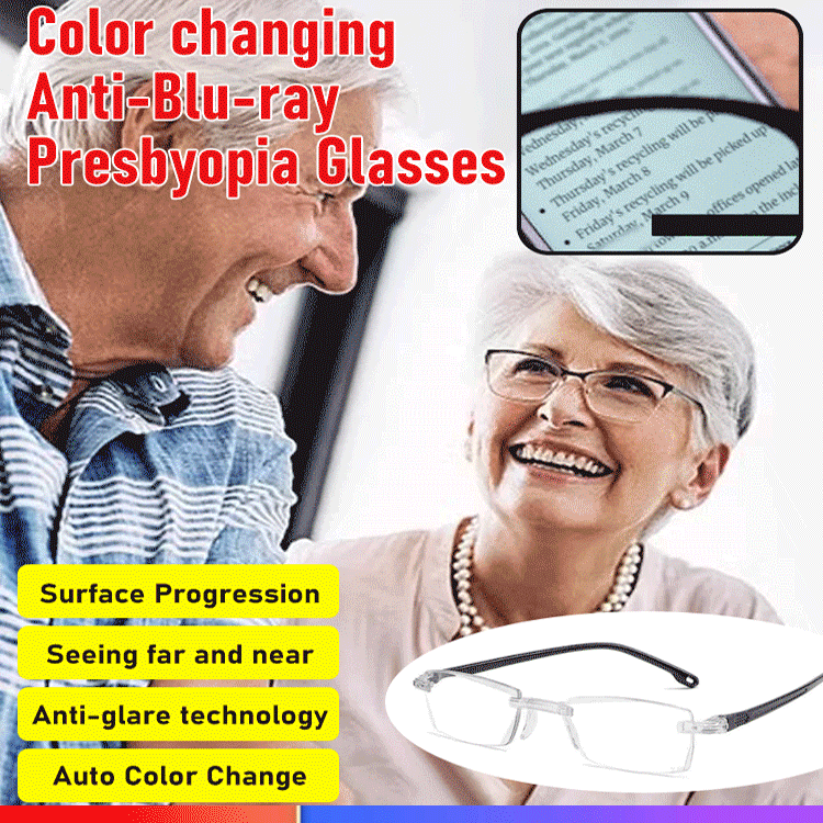 👓【Color-changing anti-blue light presbyopia glasses】Automatic adjustment from 100 to 700 degrees ensures you never need to change glasses due to prescription changes for life.
