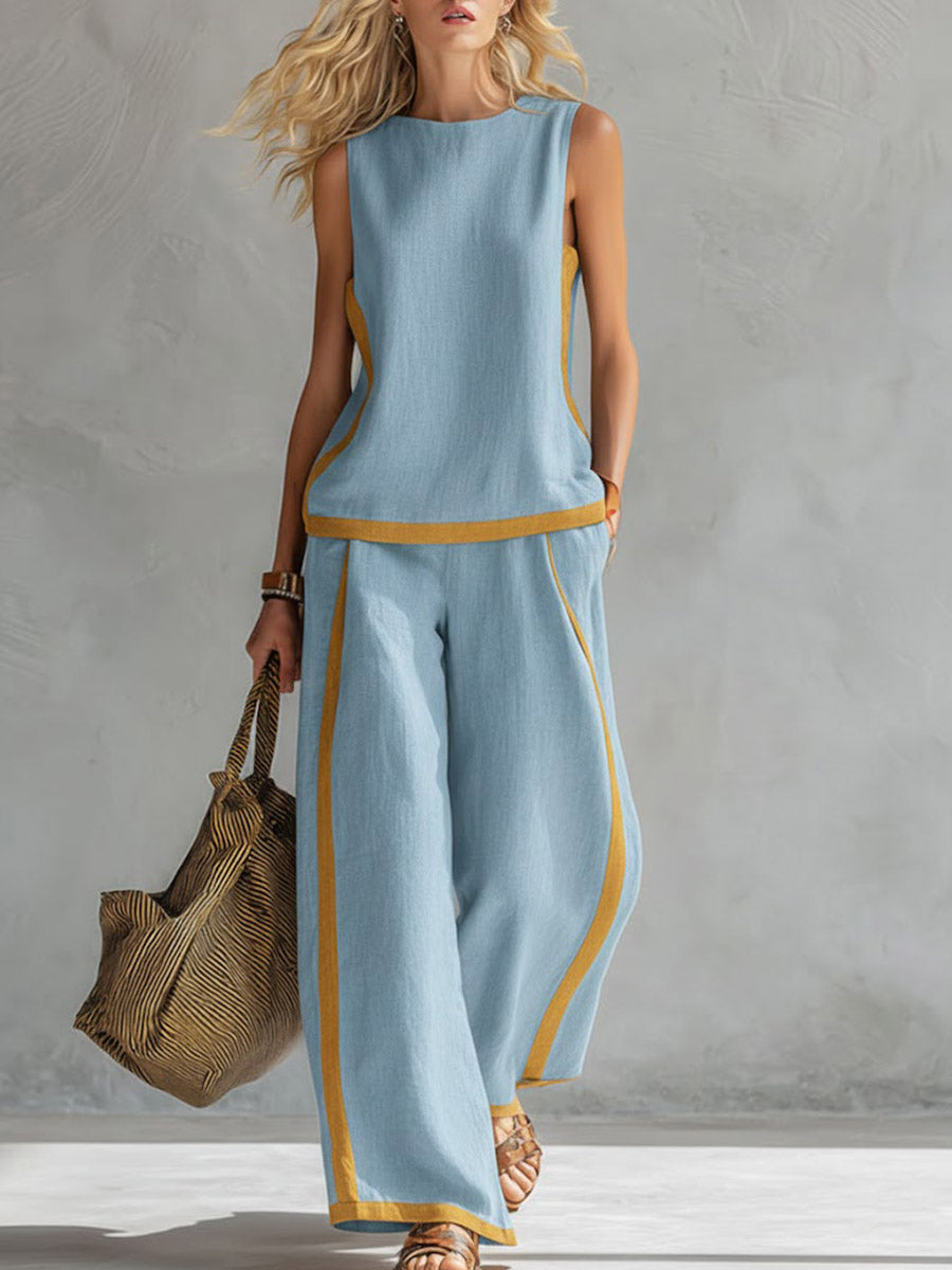 Women's Round Neck Sleeveless Casual Loose Top And High-waisted Loose Wide-leg Pants Cotton And Linen Set.